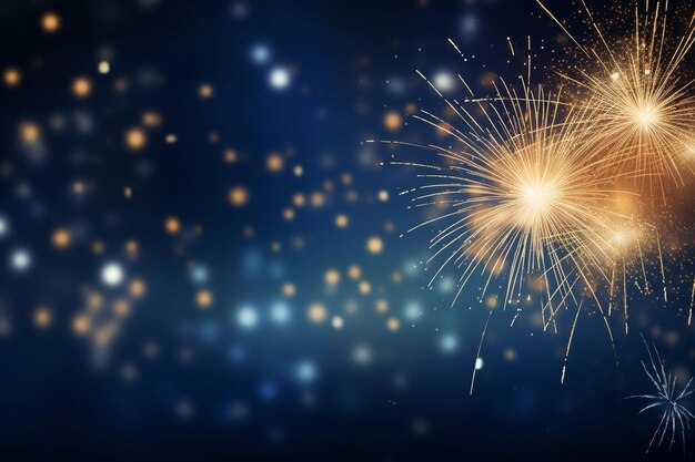 New year gold fireworks on dark blue and bokeh background with copy space