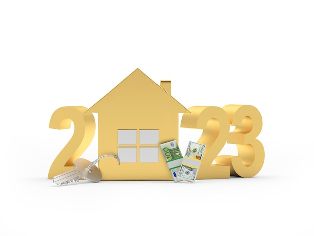 Photo new year golden number with house icon and money. 3d