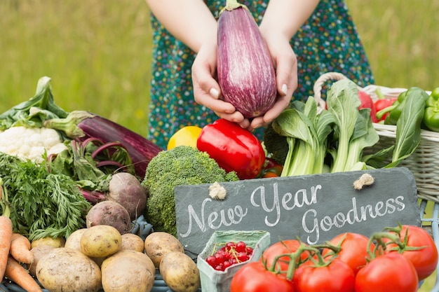 New year goodness against vegetables at farmers market