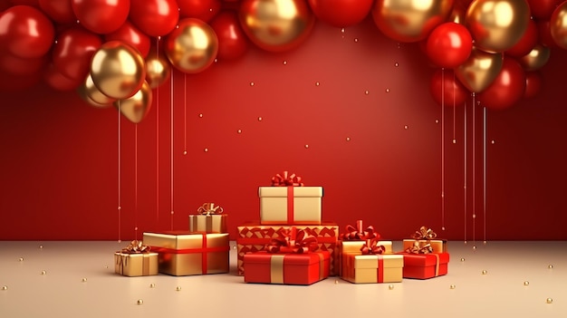 плакат с поздравительной карточкой на новый год с красной и золотой подарочной коробкой и шарами