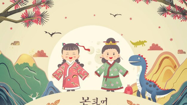 ハンボックと恐の帽子をかぶった可愛い子供たちの新年 greeting card 伝統的な背景には山や松の枝と満月があります