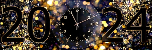 Foto biglietto d'auguri di capodanno con numeri 2024 e orologio contro il design del banner con luci sfocate