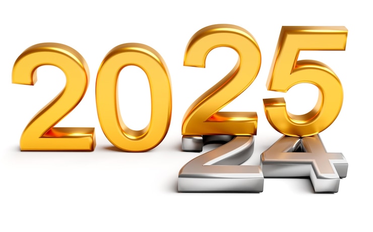 Фотография концепции новогодних праздников число 2025 лежит на 24 изолированных
