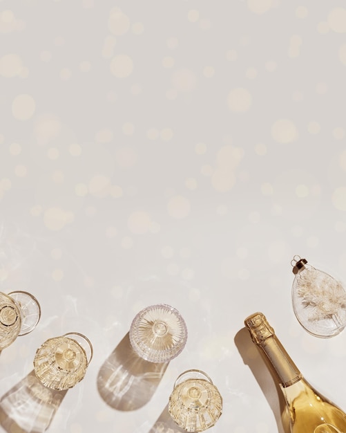 New year holiday flat lay white sparkling wine in different\
crystal glasses festive champagne drink