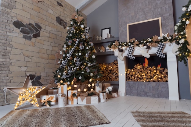 New Year interior with Christmas tree and gifts, home comfort