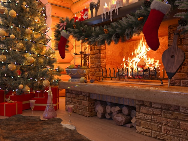 New year interior with Christmas tree, presents and fireplace in the house from a log. decorated christmas tree.