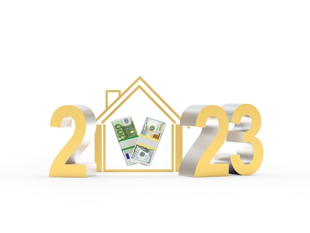 Photo new year number with house icon and dollar and euro bills