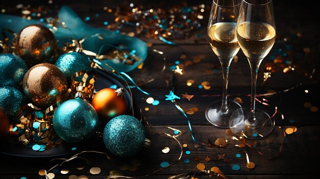 Концепция новогодней вечеринки Бутылка шампанского и рождественские украшения