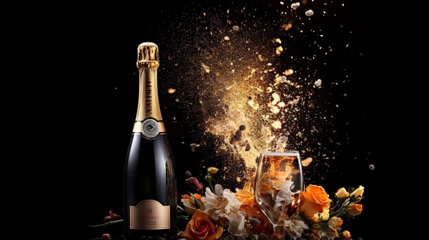 Photo new year party concept with a exploding champagne bottle