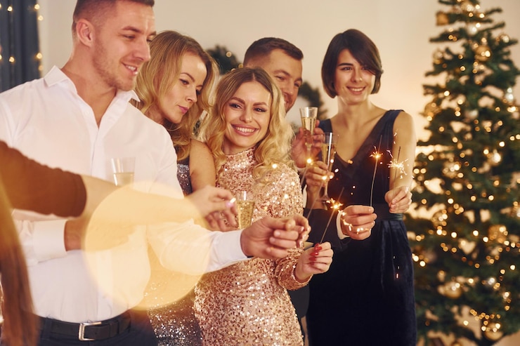 Photo new year party group of people indoors together