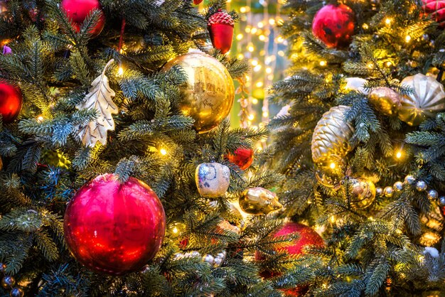 New Year and red balls on a green Christmas tree Moscow