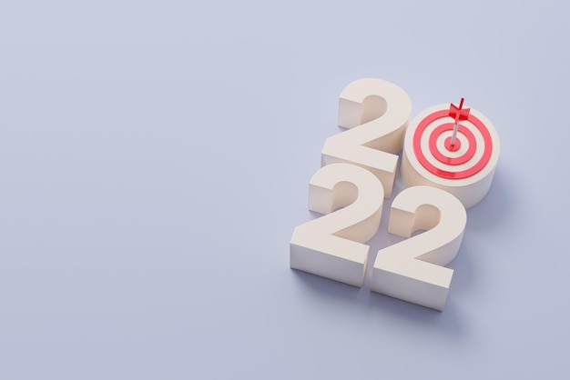 New year resolution 2022. Goal achievement. Ambition aiming success. Dartboard and arrow with number. 3d rendering illustration