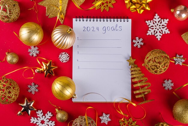 New year resolution list goals and plans notepad for to do new year list on red background with christmas golden decoration fir tree balls and baubles top view copy space