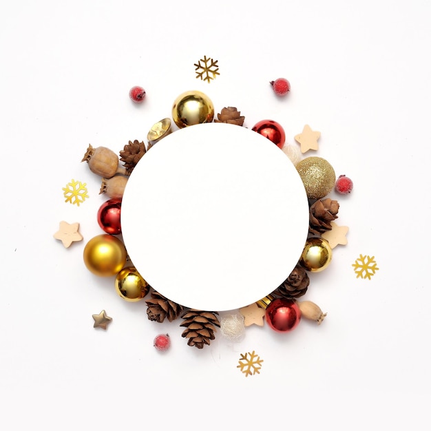 New year round frame with festive decor cones, stars, snowflakes, Christmas balls