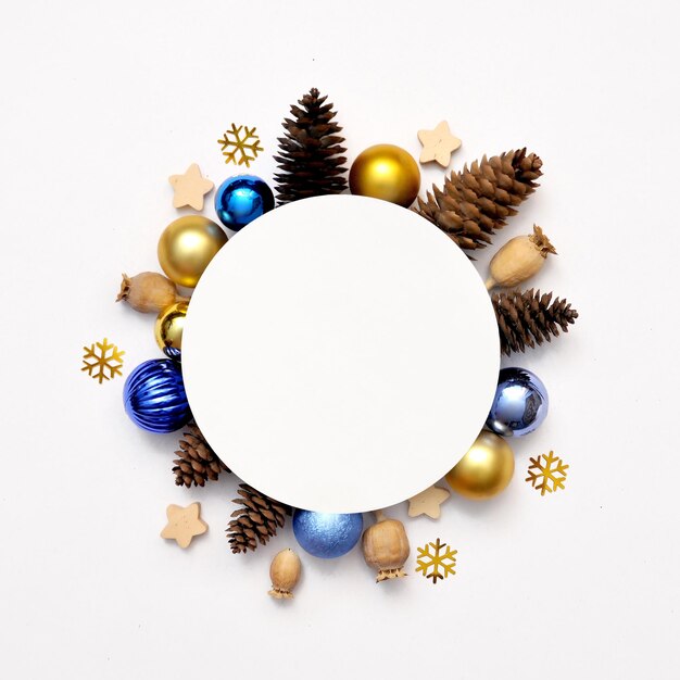 New year round frame with festive decor cones, stars, snowflakes, Christmas balls