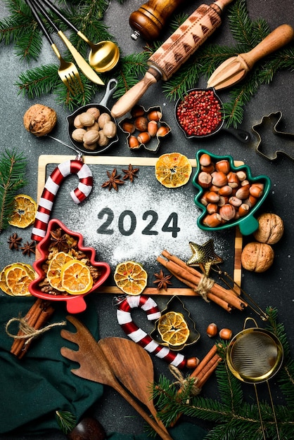 New Year's background Baking background with text 2024 New Year's card Top view Flat lay