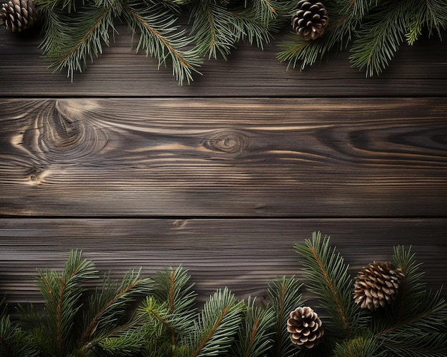 Новогодний фон на темном деревянном фоне по краям еловой ветки с шишками, вид сверху