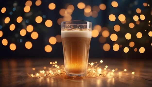 New Year's background with a foamy drink and lights on the background