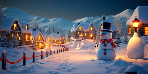 人々が雪だるまを作り、居心地の良い冬の夜を楽しんでいる雪の村を描いた新年の背景