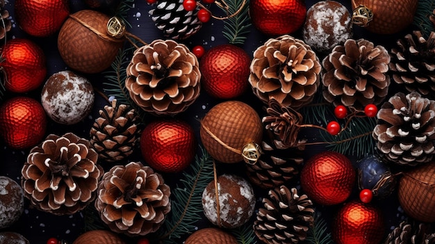 New Year's and Christmas background featuring brown pinecones and red baubles capturing the festive and cozy atmosphere of the holiday season Generative Ai