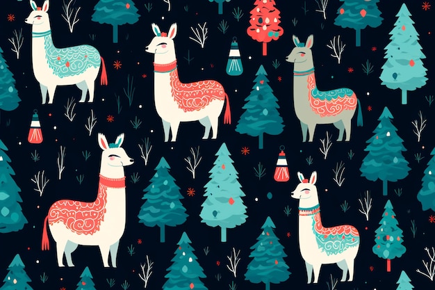 New Year's Christmas llama pattern Background wallpaper AI generated