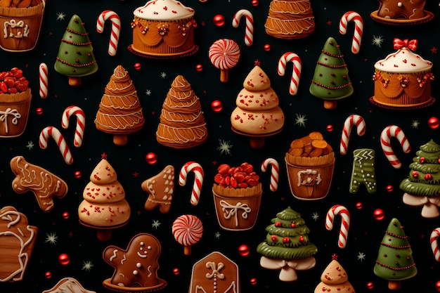 New Year's Christmas pattern of gingerbread and sweets Background wallpaper AI generated