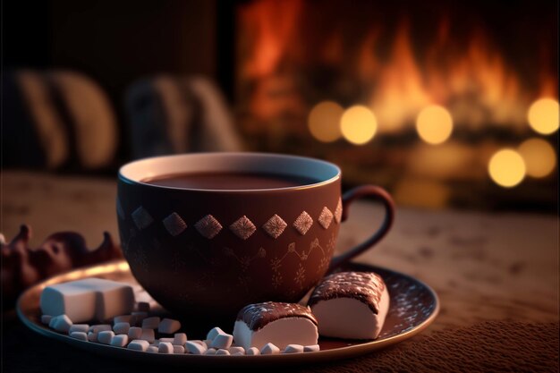 New Year's coffee with marshmallows Christmas holidays Stilllife Winter holidays concept Magical atmosphere in the house