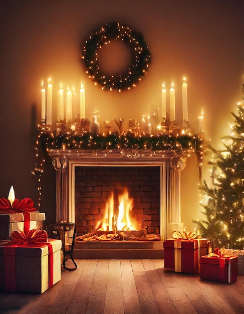 New Year's Day 2024 Festive Lighting Decoration with Gift and a fireplace and candles