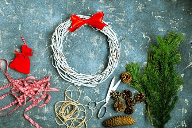 New Year's decor a wreath Christmas tree twigs decoration cones