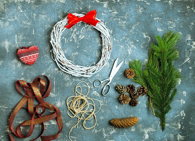 New Year's decor a wreath Christmas tree twigs decoration cones