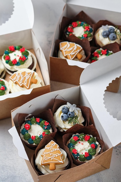 New Year's dessert made of biscuit cream and berry and caramel filling Christmas trifles in a box to order