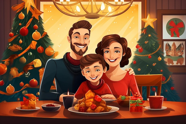 Новогодний ужин с небольшой семьей в доме и красочная дизайнерская иллюстрация jpg