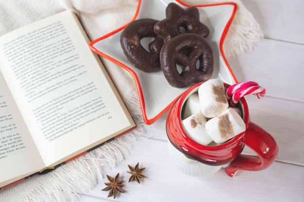 New Year's Eve background Santa Claus mug with marshmallows Christmas cookies open book