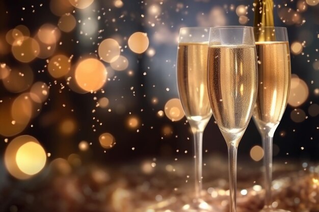 New year's eve celebration background with champagne Golden bokeh Generative AI illustration