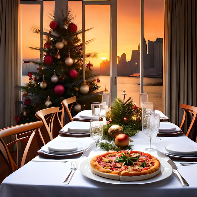 大晦日のクリスマス、一緒に木の鐘、テーブル、雪、そして食事