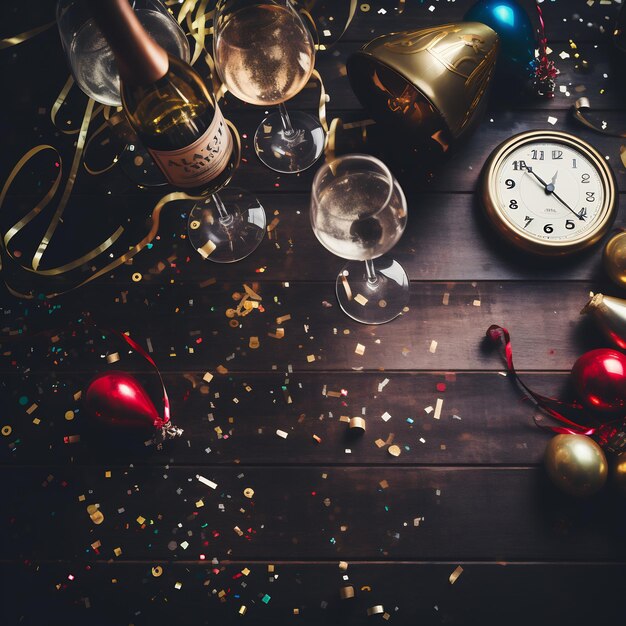 A New Year's Eve flatlay with party poppers champagne flutes and a clock