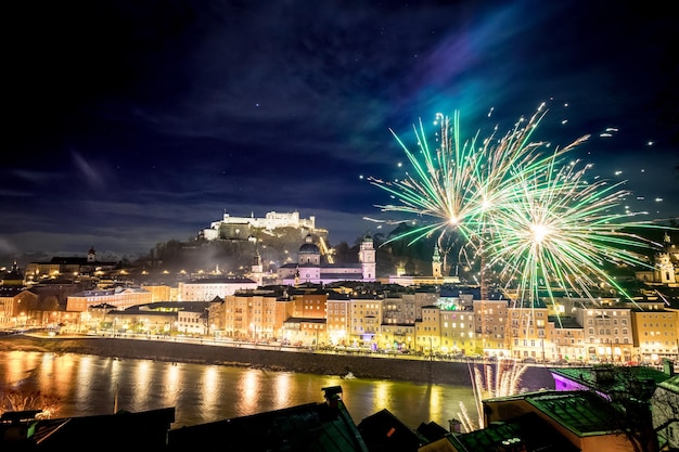 New Year's Eve Magical firework over the old city of Salzburg