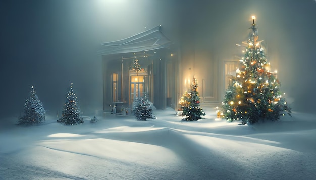 New Year's festive interior of a majestic palace house room Festive. 3D render. Raster illustration.