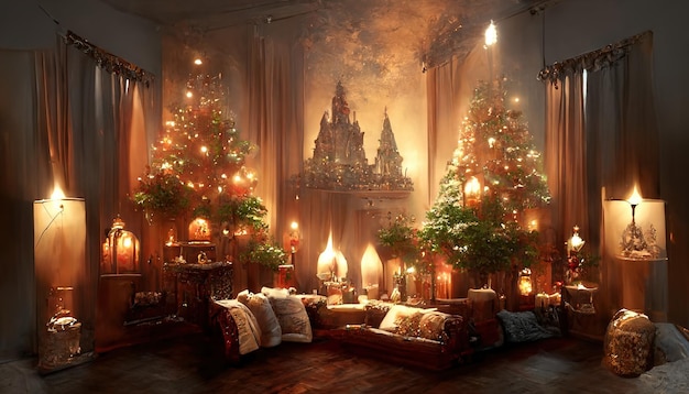 New Year's festive interior of a majestic palace house room Festive. 3D render. Raster illustration.