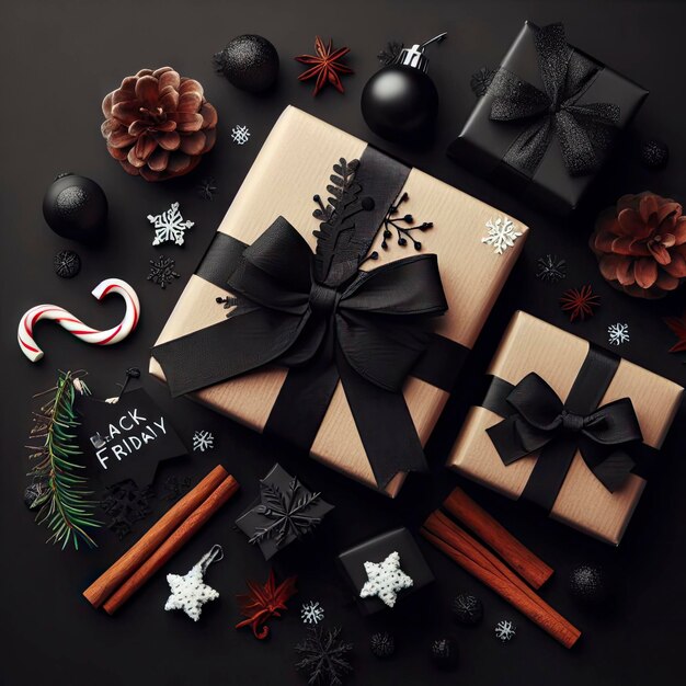 Photo new year's gifts in boxes with black ribbons on a black background ai generative