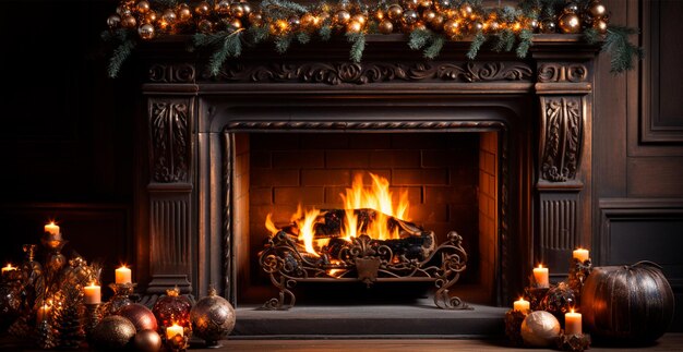 Photo new year's gifts by the fireplace festive christmas interior of a house with a christmas tree ai generated image