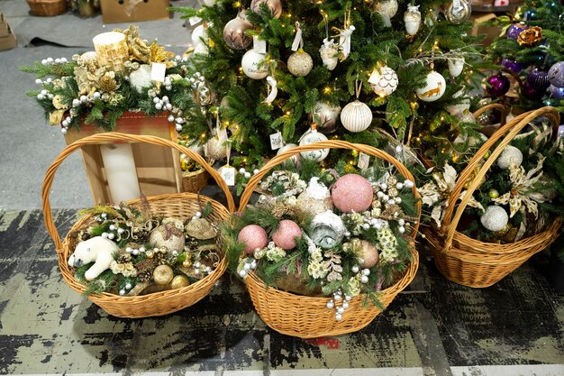 New Year's holiday baskets with Christmas toys to decorate the Christmas tree