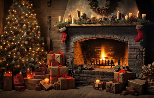 Новогодний интерьер Рождественская елка с подарками, горящими снежинками камина на заднем плане