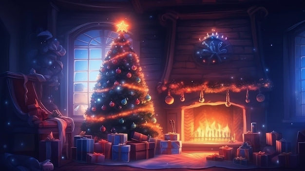 Photo new year's interior in the house with a christmas tree and gifts on christmas evening ai generated