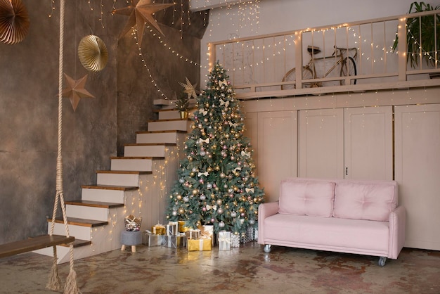 New Year's interior with a Christmas tree