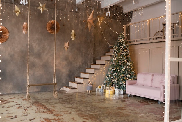 New Year's interior with a Christmas tree