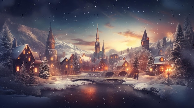 New Year's landscape with snowcovered houses and Christmas trees on Christmas Eve AI generated