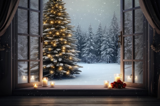 New Year's morning an open window with a Christmas tree snow