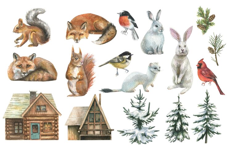 Photo new year's set with wild forest animals fox, squirrel, hare, weasel, branch birds, fir trees