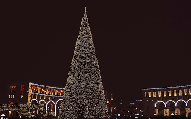 アルメニア共和国の新年広場と花輪で飾られたクリスマス ツリー